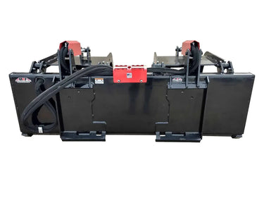 It has a wide opening with two red tines that can be opened and closed hydraulically.